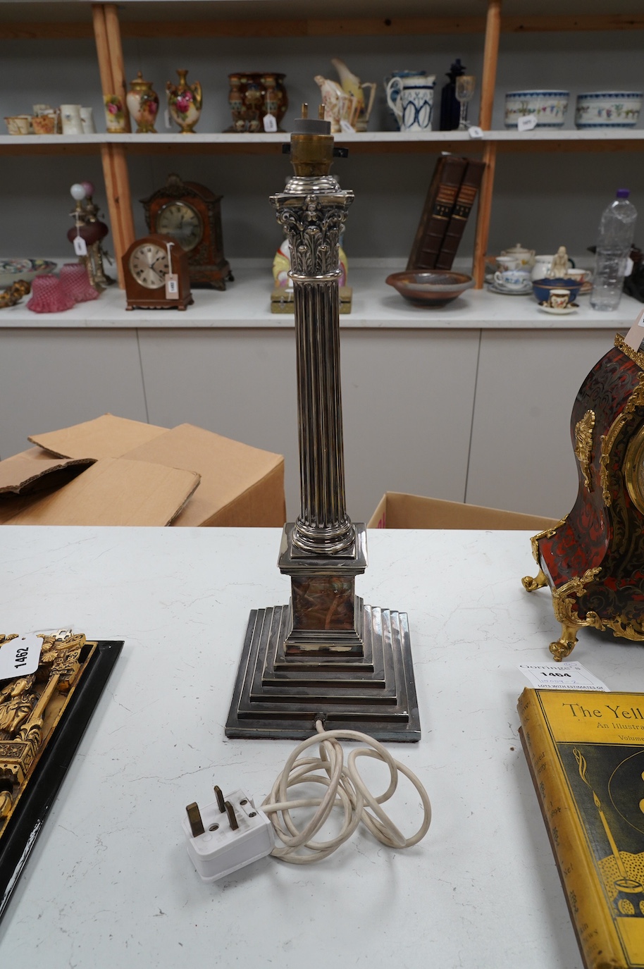 A silver plated Corinthian column table lamp, 42cm. Condition - worn, not tested as working